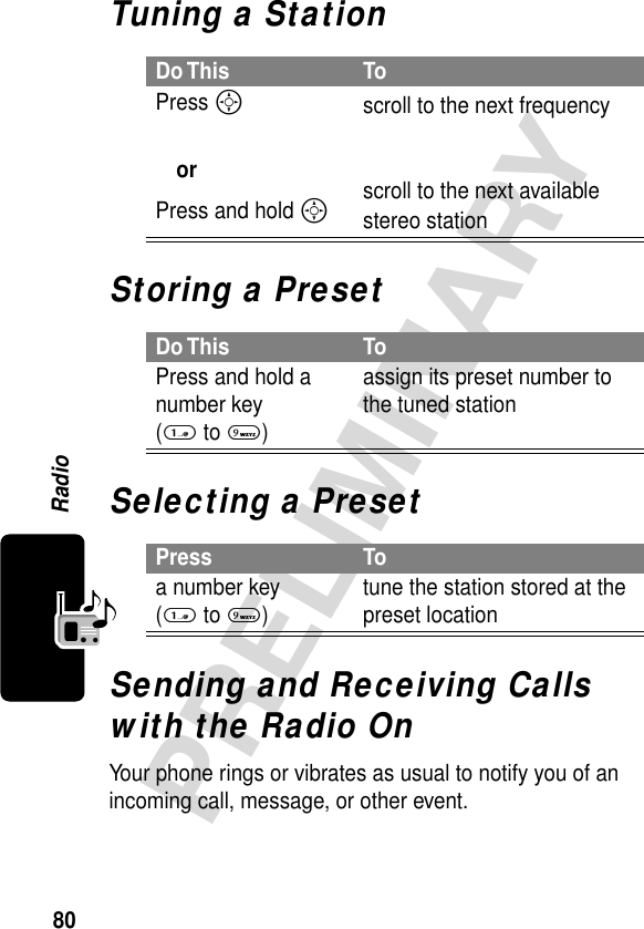 80PRELIMINARYRadioTuning a StationStoring a PresetSelecting a PresetSending and Receiving Calls with the Radio OnYour phone rings or vibrates as usual to notify you of an incoming call, message, or other event.Do This ToPress S orPress and hold S scroll to the next frequencyscroll to the next available stereo stationDo This ToPress and hold a number key (1 to 9)assign its preset number to the tuned stationPress Toa number key (1 to 9)tune the station stored at the preset location