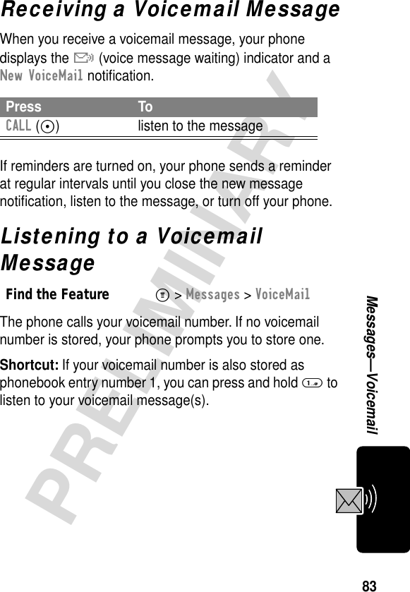 83PRELIMINARYMessages—VoicemailReceiving a Voicemail MessageWhen you receive a voicemail message, your phone displays the &amp; (voice message waiting) indicator and a New VoiceMail notiﬁcation.If reminders are turned on, your phone sends a reminder at regular intervals until you close the new message notiﬁcation, listen to the message, or turn off your phone.Listening to a Voicemail MessageThe phone calls your voicemail number. If no voicemail number is stored, your phone prompts you to store one.Shortcut: If your voicemail number is also stored as phonebook entry number 1, you can press and hold 1 to listen to your voicemail message(s).Press ToCALL (+) listen to the messageFind the FeatureM&gt; Messages &gt; VoiceMail