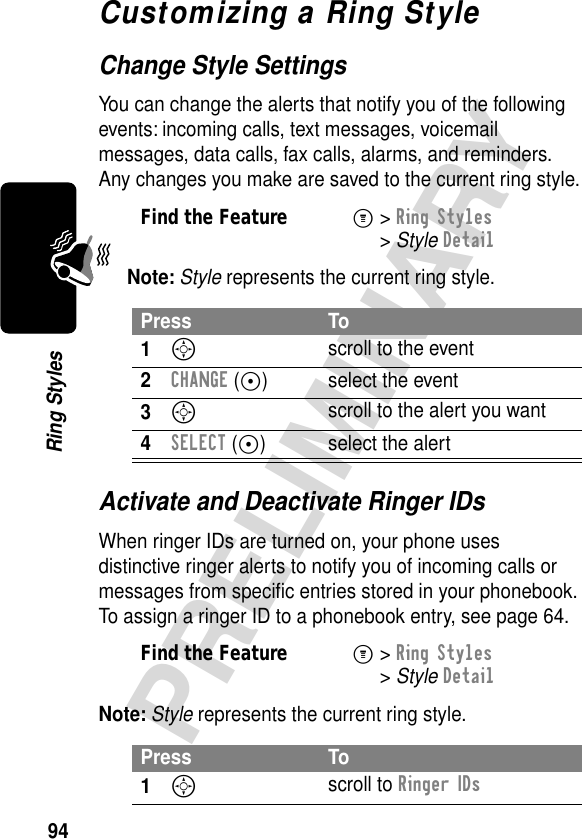 94PRELIMINARYRing StylesCustomizing a Ring StyleChange Style SettingsYou can change the alerts that notify you of the following events: incoming calls, text messages, voicemail messages, data calls, fax calls, alarms, and reminders. Any changes you make are saved to the current ring style.Note: Style represents the current ring style.Activate and Deactivate Ringer IDsWhen ringer IDs are turned on, your phone uses distinctive ringer alerts to notify you of incoming calls or messages from speciﬁc entries stored in your phonebook. To assign a ringer ID to a phonebook entry, see page 64.Note: Style represents the current ring style.Find the FeatureM&gt; Ring Styles &gt; Style DetailPress To1S scroll to the event2CHANGE (+) select the event3S scroll to the alert you want4SELECT (+) select the alertFind the FeatureM&gt; Ring Styles &gt; Style DetailPress To1S scroll to Ringer IDs