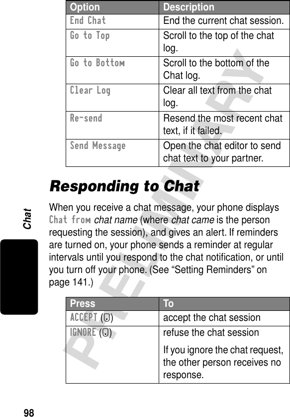 98PRELIMINARYChatResponding to ChatWhen you receive a chat message, your phone displays Chat from chat name (where chat came is the person requesting the session), and gives an alert. If reminders are turned on, your phone sends a reminder at regular intervals until you respond to the chat notiﬁcation, or until you turn off your phone. (See “Setting Reminders” on page 141.)End Chat  End the current chat session.Go to Top  Scroll to the top of the chat log.Go to Bottom  Scroll to the bottom of the Chat log.Clear Log  Clear all text from the chat log.Re-send  Resend the most recent chat text, if it failed.Send Message  Open the chat editor to send chat text to your partner.Press ToACCEPT (+) accept the chat sessionIGNORE (-) refuse the chat sessionIf you ignore the chat request, the other person receives no response.Option Description