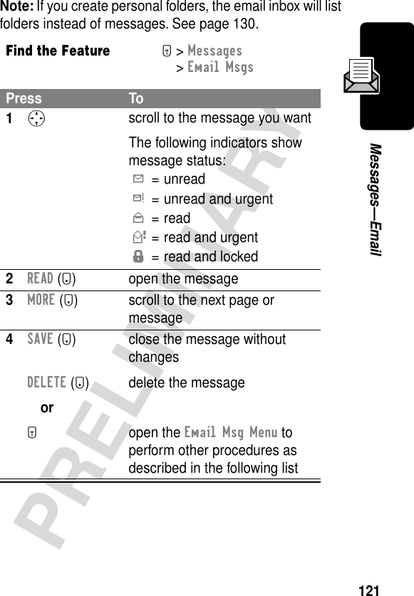 121PRELIMINARYMessages—EmailNote: If you create personal folders, the email inbox will list folders instead of messages. See page 130.Find the FeatureM&gt; Messages &gt; Email MsgsPress To1S scroll to the message you wantThe following indicators show message status:Y= unreadd= unread and urgentn= readò= read and urgentf= read and locked2READ (+) open the message3MORE (+) scroll to the next page or message4SAVE (-)DELETE (+)orM close the message without changesdelete the messageopen the Email Msg Menu to perform other procedures as described in the following list