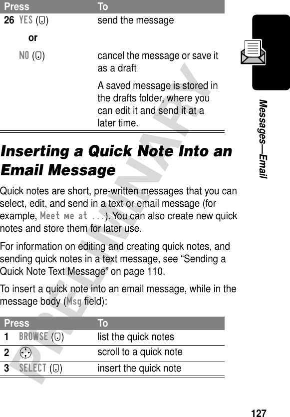 127PRELIMINARYMessages—EmailInserting a Quick Note Into an Email MessageQuick notes are short, pre-written messages that you can select, edit, and send in a text or email message (for example, Meet me at ...). You can also create new quick notes and store them for later use.For information on editing and creating quick notes, and sending quick notes in a text message, see “Sending a Quick Note Text Message” on page 110.To insert a quick note into an email message, while in the message body (Msg ﬁeld):26YES (-)orNO (+)send the messagecancel the message or save it as a draftA saved message is stored in the drafts folder, where you can edit it and send it at a later time.Press To1BROWSE (+)  list the quick notes2S scroll to a quick note3SELECT (+) insert the quick notePress To