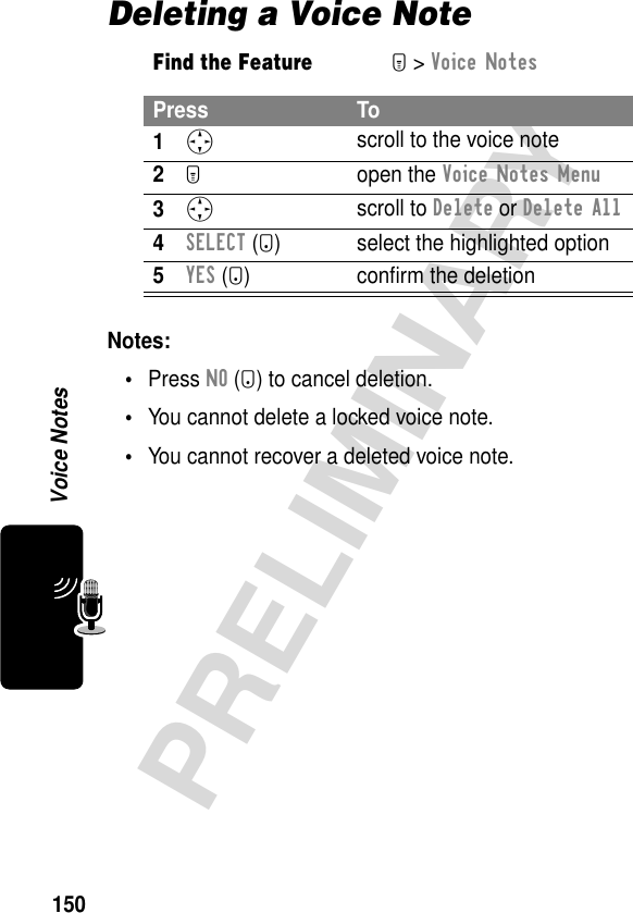 150PRELIMINARYVoice NotesDeleting a Voice NoteNotes: •Press NO (+) to cancel deletion.•You cannot delete a locked voice note.•You cannot recover a deleted voice note.Find the FeatureM&gt; Voice NotesPress To1S scroll to the voice note2M open the Voice Notes Menu3S scroll to Delete or Delete All4SELECT (+) select the highlighted option5YES (-) conﬁrm the deletion