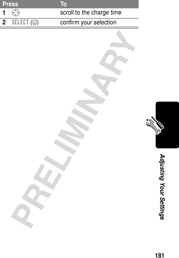 181PRELIMINARYAdjusting Your SettingsPress To1S scroll to the charge time2SELECT (+) conﬁrm your selection