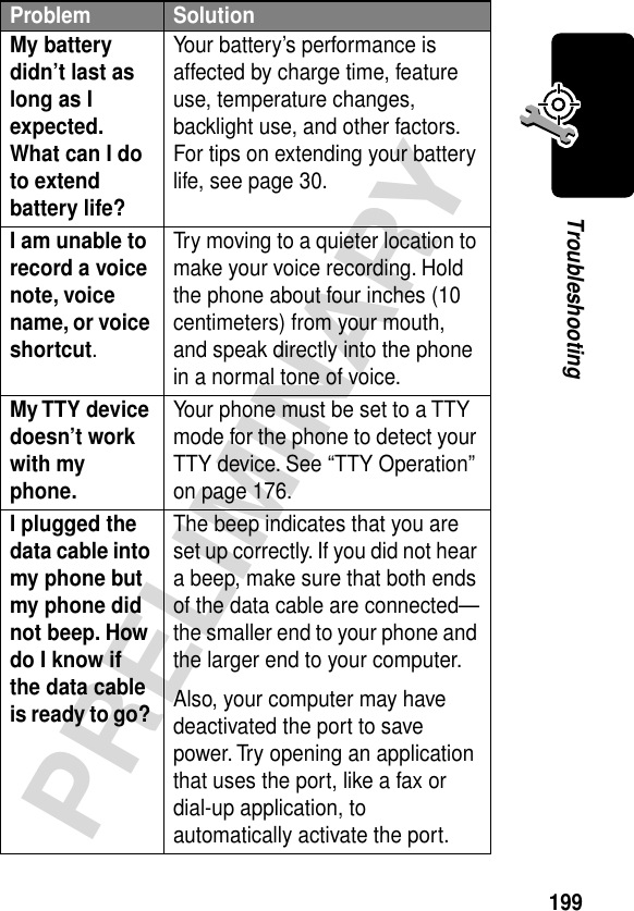 199PRELIMINARYTroubleshootingMy battery didn’t last as long as I expected. What can I do to extend battery life? Your battery’s performance is affected by charge time, feature use, temperature changes, backlight use, and other factors. For tips on extending your battery life, see page 30.I am unable to record a voice note, voice name, or voice shortcut. Try moving to a quieter location to make your voice recording. Hold the phone about four inches (10 centimeters) from your mouth, and speak directly into the phone in a normal tone of voice.My TTY device doesn’t work with my phone. Your phone must be set to a TTY mode for the phone to detect your TTY device. See “TTY Operation” on page 176.I plugged the data cable into my phone but my phone did not beep. How do I know if the data cable is ready to go? The beep indicates that you are set up correctly. If you did not hear a beep, make sure that both ends of the data cable are connected—the smaller end to your phone and the larger end to your computer. Also, your computer may have deactivated the port to save power. Try opening an application that uses the port, like a fax or dial-up application, to automatically activate the port.Problem Solution