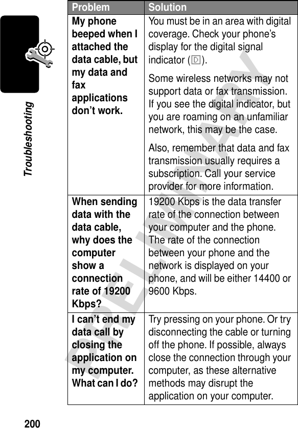 200PRELIMINARYTroubleshootingMy phone beeped when I attached the data cable, but my data and fax applications don’t work. You must be in an area with digital coverage. Check your phone’s display for the digital signal indicator (F).Some wireless networks may not support data or fax transmission. If you see the digital indicator, but you are roaming on an unfamiliar network, this may be the case.Also, remember that data and fax transmission usually requires a subscription. Call your service provider for more information.When sending data with the data cable, why does the computer show a connection rate of 19200 Kbps? 19200 Kbps is the data transfer rate of the connection between your computer and the phone. The rate of the connection between your phone and the network is displayed on your phone, and will be either 14400 or 9600 Kbps.I can’t end my data call by closing the application on my computer. What can I do? Try pressing on your phone. Or try disconnecting the cable or turning off the phone. If possible, always close the connection through your computer, as these alternative methods may disrupt the application on your computer.Problem Solution