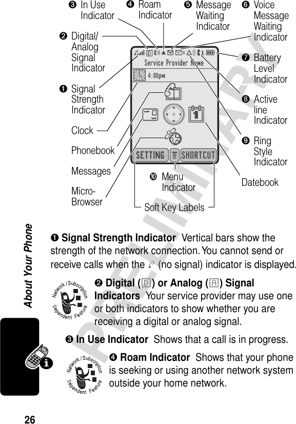 26PRELIMINARYAbout Your Phone➊ Signal Strength Indicator  Vertical bars show the strength of the network connection. You cannot send or receive calls when the j (no signal) indicator is displayed.➋ Digital (F) or Analog (I) Signal Indicators  Your service provider may use one or both indicators to show whether you are receiving a digital or analog signal.➌ In Use Indicator  Shows that a call is in progress.➍ Roam Indicator  Shows that your phone is seeking or using another network system outside your home network.4:00pmSETTINGService Provider NameSHORTCUT➒RingStyleIndicatorClock➊SignalStrengthIndicator➐BatteryLevelIndicator➌In UseIndicator➍RoamIndicator➎MessageWaitingIndicator➏VoiceMessageWaitingIndicator➑ActivelineIndicator➓MenuIndicatorSoft Key LabelsPhonebookMessagesDatebookMicro-Browser➋Digital/AnalogSignalIndicator