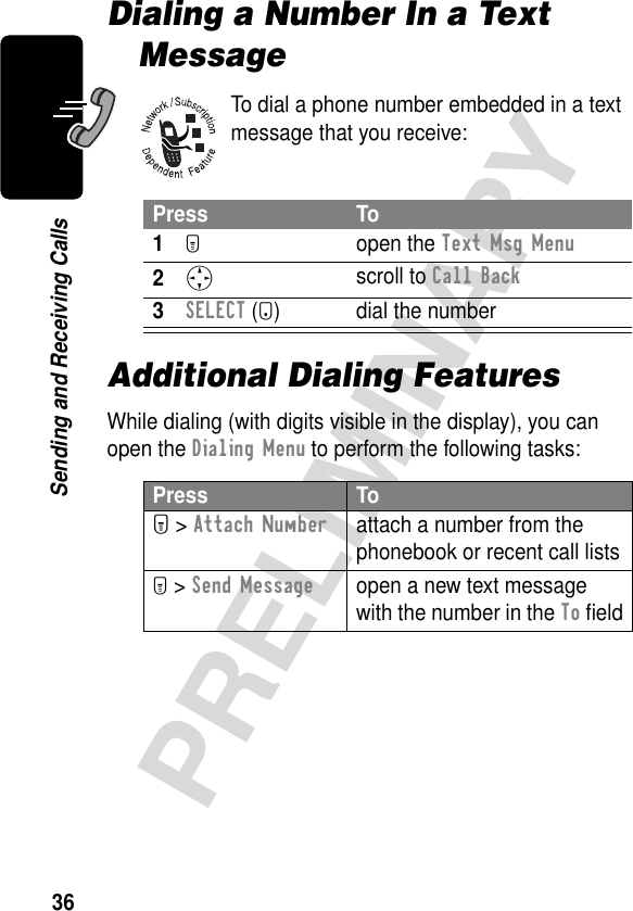 36PRELIMINARYSending and Receiving CallsDialing a Number In a Text MessageTo dial a phone number embedded in a text message that you receive:Additional Dialing FeaturesWhile dialing (with digits visible in the display), you can open the Dialing Menu to perform the following tasks:Press To1M open the Text Msg Menu2S scroll to Call Back3SELECT (+) dial the numberPress ToM &gt; Attach Numberattach a number from the phonebook or recent call listsM &gt; Send Messageopen a new text message with the number in the To ﬁeld