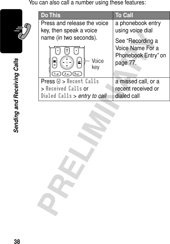 38PRELIMINARYSending and Receiving CallsYou can also call a number using these features:Do This To CallPress and release the voice key, then speak a voice name (in two seconds).a phonebook entry using voice dialSee “Recording a Voice Name For a Phonebook Entry” on page 77.Press M &gt; Recent Calls &gt; Received Calls or Dialed Calls &gt; entry to calla missed call, or a recent received or dialed callVoice key