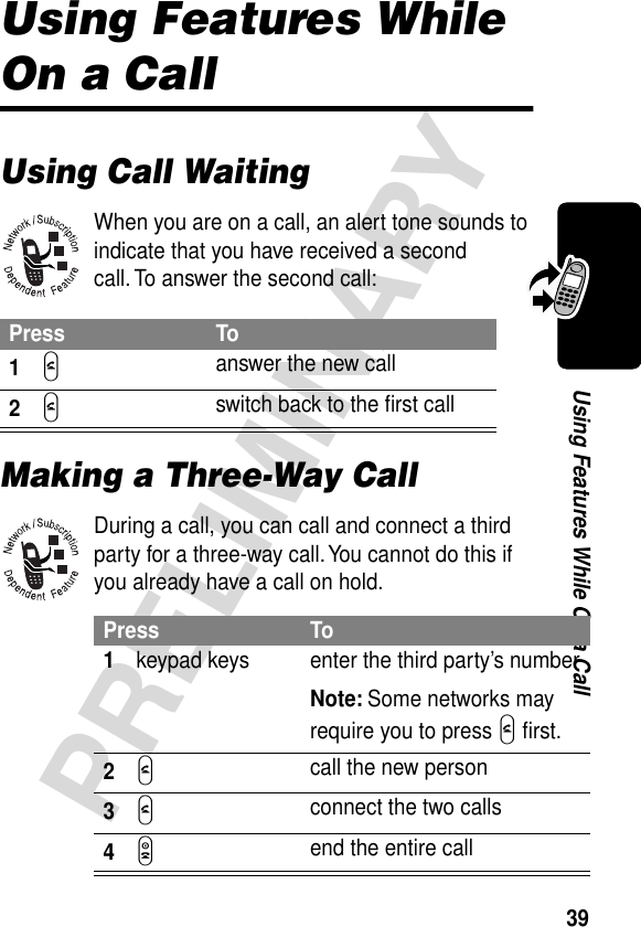 39PRELIMINARYUsing Features While On a CallUsing Features While On a CallUsing Call WaitingWhen you are on a call, an alert tone sounds to indicate that you have received a second call. To answer the second call:Making a Three-Way CallDuring a call, you can call and connect a third party for a three-way call. You cannot do this if you already have a call on hold.Press To1N answer the new call2N switch back to the ﬁrst callPress To1keypad keys enter the third party’s numberNote: Some networks may require you to press N ﬁrst.2N call the new person3N connect the two calls4O end the entire call