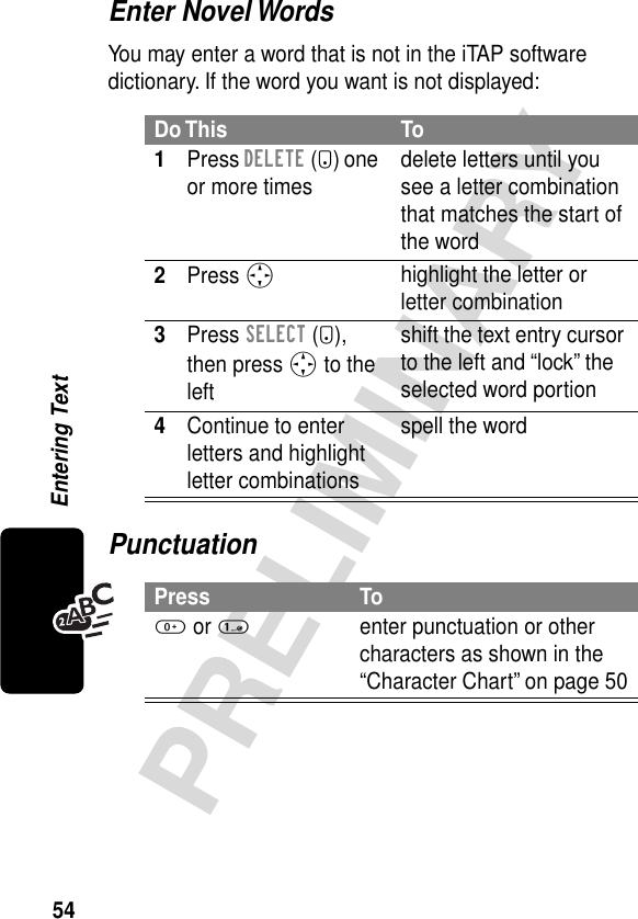 54PRELIMINARYEntering TextEnter Novel WordsYou may enter a word that is not in the iTAP software dictionary. If the word you want is not displayed:PunctuationDo This To1Press DELETE (-) one or more times delete letters until you see a letter combination that matches the start of the word2Press Shighlight the letter or letter combination3Press SELECT (+), then press S to the leftshift the text entry cursor to the left and “lock” the selected word portion4Continue to enter letters and highlight letter combinationsspell the wordPress To0 or 1enter punctuation or other characters as shown in the “Character Chart” on page 50