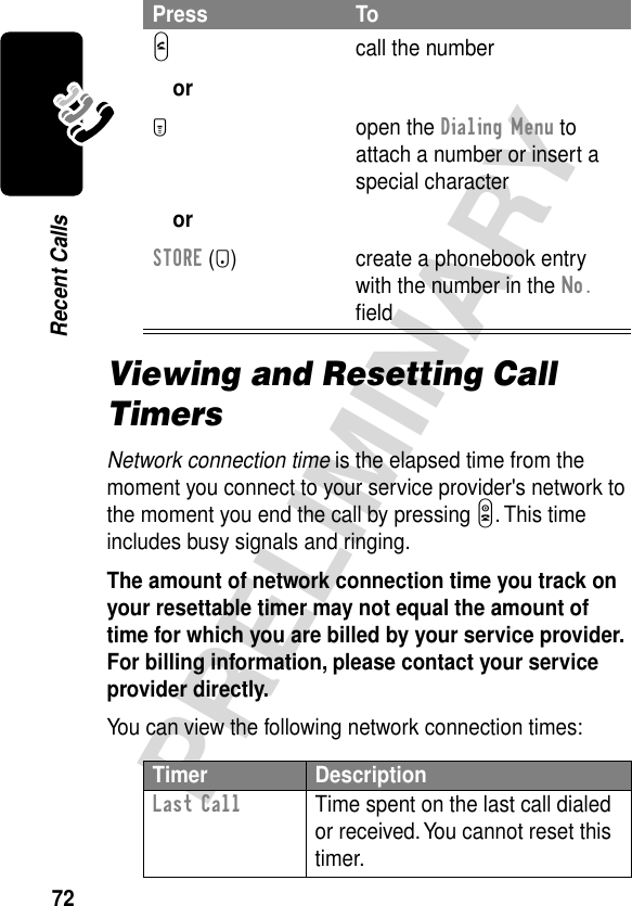 72PRELIMINARYRecent CallsViewing and Resetting Call TimersNetwork connection time is the elapsed time from the moment you connect to your service provider&apos;s network to the moment you end the call by pressing O. This time includes busy signals and ringing.The amount of network connection time you track on your resettable timer may not equal the amount of time for which you are billed by your service provider. For billing information, please contact your service provider directly. You can view the following network connection times:Press ToN orM orSTORE (+)call the numberopen the Dialing Menu to attach a number or insert a special charactercreate a phonebook entry with the number in the No. ﬁeldTimer DescriptionLast Call  Time spent on the last call dialed or received. You cannot reset this timer.