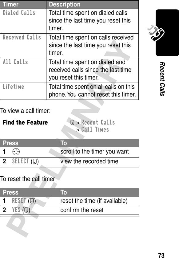 73PRELIMINARYRecent CallsTo view a call timer:To reset the call timer:Dialed Calls  Total time spent on dialed calls since the last time you reset this timer.Received Calls  Total time spent on calls received since the last time you reset this timer.All Calls  Total time spent on dialed and received calls since the last time you reset this timer.Lifetime  Total time spent on all calls on this phone. You cannot reset this timer.Find the FeatureM&gt; Recent Calls &gt; Call TimesPress To1S scroll to the timer you want2SELECT (+) view the recorded timePress To1RESET (+) reset the time (if available)2YES (-) conﬁrm the resetTimer Description