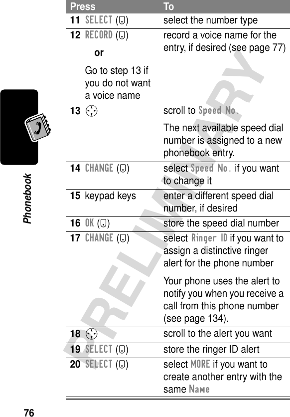 76PRELIMINARYPhonebook11SELECT (+) select the number type12RECORD (+)orGo to step 13 if you do not want a voice namerecord a voice name for the entry, if desired (see page 77)13S scroll to Speed No.The next available speed dial number is assigned to a new phonebook entry.14CHANGE (+) select Speed No. if you want to change it15 keypad keys enter a different speed dial number, if desired16OK (+) store the speed dial number17CHANGE (+) select Ringer ID if you want to assign a distinctive ringer alert for the phone numberYour phone uses the alert to notify you when you receive a call from this phone number (see page 134).18S scroll to the alert you want19SELECT (+) store the ringer ID alert20SELECT (+) select MORE if you want to create another entry with the same NamePress To