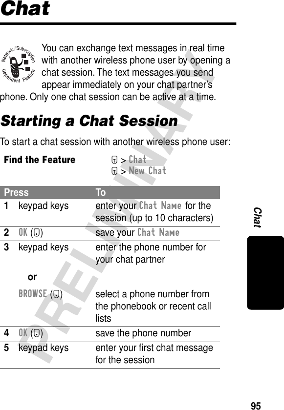 95PRELIMINARYChatChatYou can exchange text messages in real time with another wireless phone user by opening a chat session. The text messages you send appear immediately on your chat partner’s phone. Only one chat session can be active at a time.Starting a Chat SessionTo start a chat session with another wireless phone user:Find the FeatureM&gt; ChatM&gt; New ChatPress To1keypad keys enter your Chat Name for the session (up to 10 characters)2OK (+) save your Chat Name3keypad keysorBROWSE (+)enter the phone number for your chat partnerselect a phone number from the phonebook or recent call lists4OK (+) save the phone number5keypad keys enter your ﬁrst chat message for the session