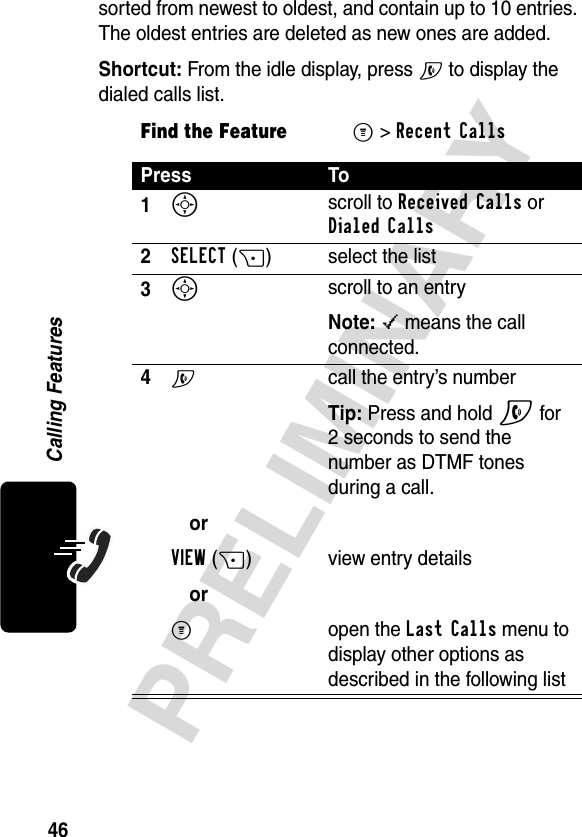 46PRELIMINARYCalling Featuressorted from newest to oldest, and contain up to 10 entries. The oldest entries are deleted as new ones are added.Shortcut: From the idle display, press N to display the dialed calls list.Find the FeatureM&gt;Recent CallsPress To1S scroll to Received Calls or Dialed Calls2SELECT(+) select the list3S scroll to an entryNote: \ means the call connected.4N orVIEW(+) orM call the entry’s numberTip: Press and hold N for 2 seconds to send the number as DTMF tones during a call.view entry detailsopen the Last Calls menu to display other options as described in the following list