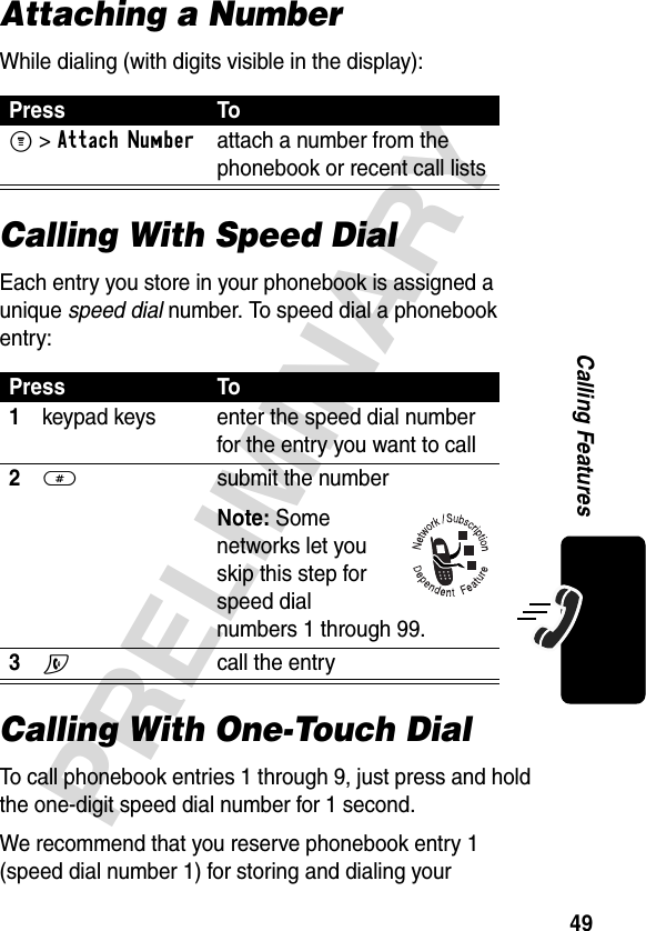 49PRELIMINARYCalling FeaturesAttaching a NumberWhile dialing (with digits visible in the display):Calling With Speed DialEach entry you store in your phonebook is assigned a unique speed dial number. To speed dial a phonebook entry:Calling With One-Touch DialTo call phonebook entries 1 through 9, just press and hold the one-digit speed dial number for 1 second.We recommend that you reserve phonebook entry 1 (speed dial number 1) for storing and dialing your Press ToM &gt;Attach Numberattach a number from the phonebook or recent call listsPress To1keypad keys enter the speed dial number for the entry you want to call2# submit the numberNote: Some networks let you skip this step for speed dial numbers 1 through 99.3N call the entry