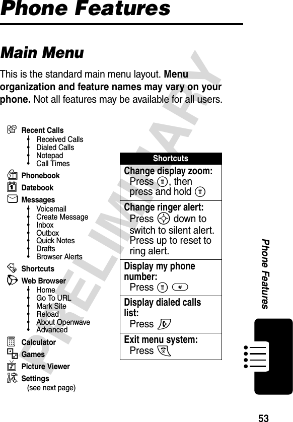 53PRELIMINARYPhone FeaturesPhone FeaturesMain MenuThis is the standard main menu layout. Menu organization and feature names may vary on your phone. Not all features may be available for all users.zRecent Calls• Received Calls• Dialed Calls• Notepad• Call TimesàPhonebookgDatebookUMessages•Voicemail• Create Message•Inbox• Outbox• Quick Notes•Drafts• Browser Alerts:ShortcutsLWeb Browser•Home• Go To URL•Mark Site• Reload• About Openwave•AdvancedaCalculator-GamesvPicture Viewer/Settings(see next page)ShortcutsChange display zoom:Press M, then press and hold MChange ringer alert:Press S down to switch to silent alert. Press up to reset to ring alert.Display my phone number:Press M#Display dialed calls list: Press NExit menu system: Press O