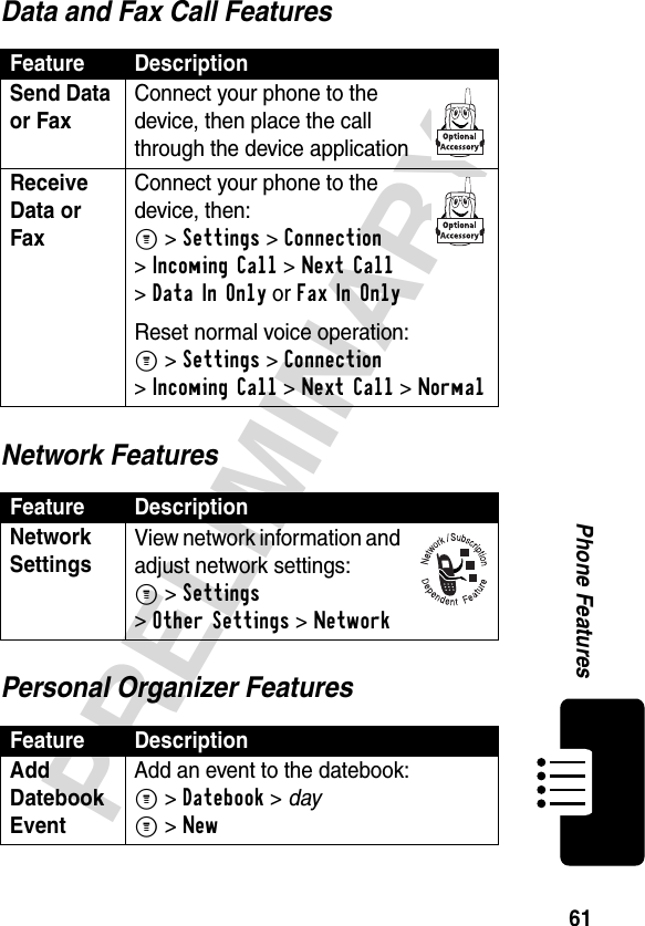 61PRELIMINARYPhone FeaturesData and Fax Call FeaturesNetwork FeaturesPersonal Organizer FeaturesFeature DescriptionSend Data or Fax Connect your phone to the device, then place the call through the device applicationReceive Data or Fax Connect your phone to the device, then:M &gt;Settings &gt;Connection &gt;Incoming Call &gt;Next Call &gt;Data In Only or Fax In OnlyReset normal voice operation:M &gt;Settings &gt;Connection &gt;Incoming Call &gt;Next Call &gt;NormalFeature DescriptionNetwork Settings View network information and adjust network settings:M &gt;Settings &gt;Other Settings &gt;Network Feature DescriptionAdd Datebook Event Add an event to the datebook:M &gt;Datebook &gt; dayM &gt;New