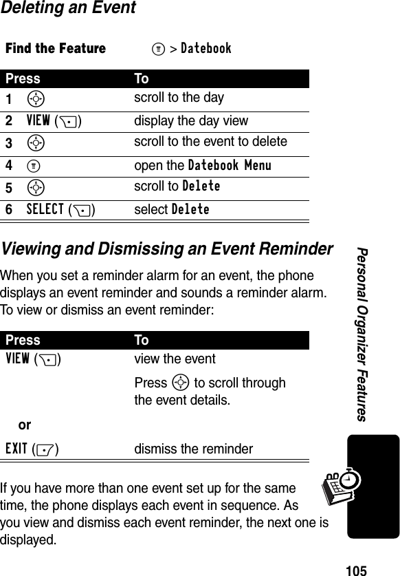 105Personal Organizer FeaturesDeleting an EventViewing and Dismissing an Event ReminderWhen you set a reminder alarm for an event, the phone displays an event reminder and sounds a reminder alarm. To view or dismiss an event reminder:If you have more than one event set up for the same time, the phone displays each event in sequence. As you view and dismiss each event reminder, the next one is displayed.Find the FeatureM&gt;DatebookPress To1S scroll to the day2VIEW(+) display the day view3S scroll to the event to delete4M open the Datebook Menu5S scroll to Delete6SELECT(+)select DeletePress ToVIEW(+)orEXIT(-)view the eventPress S to scroll through the event details.dismiss the reminder