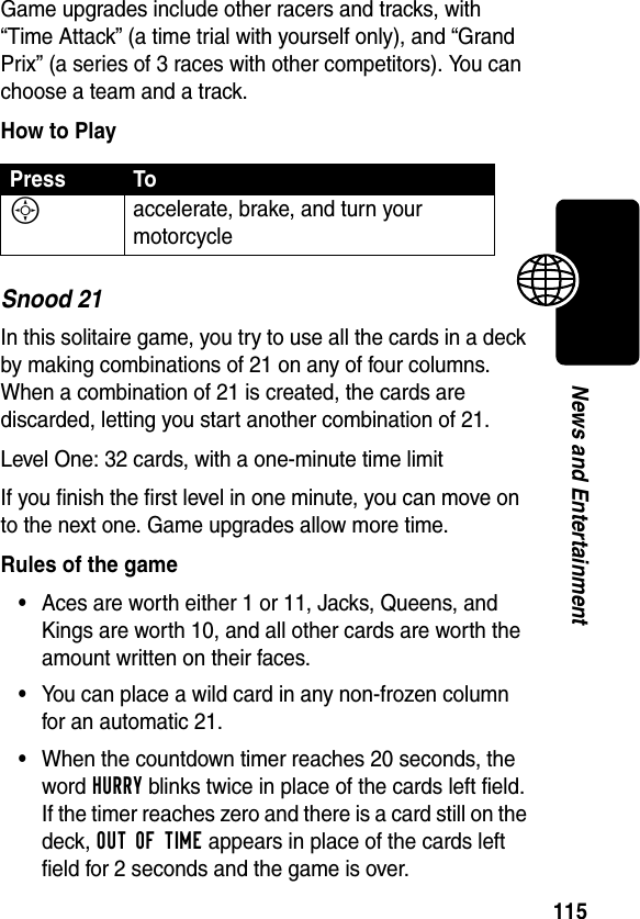 115News and EntertainmentGame upgrades include other racers and tracks, with “Time Attack” (a time trial with yourself only), and “Grand Prix” (a series of 3 races with other competitors). You can choose a team and a track.How to PlaySnood 21In this solitaire game, you try to use all the cards in a deck by making combinations of 21 on any of four columns. When a combination of 21 is created, the cards are discarded, letting you start another combination of 21.Level One: 32 cards, with a one-minute time limitIf you finish the first level in one minute, you can move on to the next one. Game upgrades allow more time.Rules of the game•Aces are worth either 1 or 11, Jacks, Queens, and Kings are worth 10, and all other cards are worth the amount written on their faces.•You can place a wild card in any non-frozen column for an automatic 21.•When the countdown timer reaches 20 seconds, the word HURRY blinks twice in place of the cards left field. If the timer reaches zero and there is a card still on the deck, OUT OF TIME appears in place of the cards left field for 2 seconds and the game is over.Press ToS accelerate, brake, and turn your motorcycle