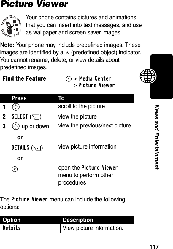 117News and EntertainmentPicture ViewerYour phone contains pictures and animations that you can insert into text messages, and use as wallpaper and screen saver images.Note: Your phone may include predefined images. These images are identified by a ë (predefined object) indicator. You cannot rename, delete, or view details about predefined images.The Picture Viewer menu can include the following options:Find the FeatureM&gt;Media Center &gt;Picture ViewerPress To1S scroll to the picture2SELECT(+) view the picture3S up or down orDETAILS(+)orM view the previous/next pictureview picture informationopen the Picture Viewer menu to perform other proceduresOption DescriptionDetails  View picture information.