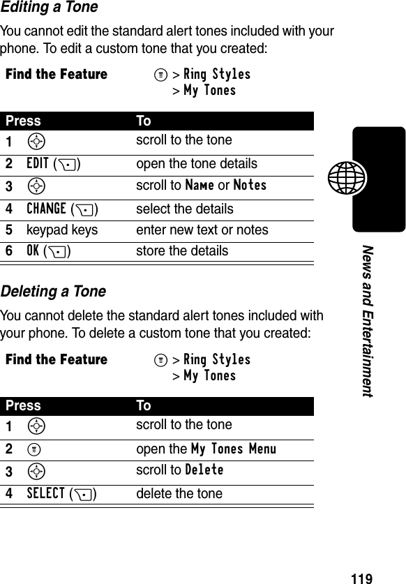 119News and EntertainmentEditing a ToneYou cannot edit the standard alert tones included with your phone. To edit a custom tone that you created:Deleting a ToneYou cannot delete the standard alert tones included with your phone. To delete a custom tone that you created:Find the FeatureM&gt;Ring Styles &gt;My TonesPress To1S scroll to the tone2EDIT(+) open the tone details3S scroll to Name or Notes4CHANGE(+) select the details5keypad keys enter new text or notes6OK(+) store the detailsFind the FeatureM&gt;Ring Styles&gt;My TonesPress To1S scroll to the tone2M open the My Tones Menu3S scroll to Delete4SELECT(+) delete the tone 