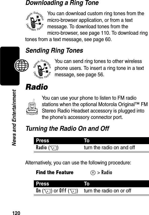 120News and EntertainmentDownloading a Ring ToneYou can download custom ring tones from the micro-browser application, or from a text message. To download tones from the micro-browser, see page 110. To download ring tones from a text message, see page 60.Sending Ring TonesYou can send ring tones to other wireless phone users. To insert a ring tone in a text message, see page 56.RadioYou can use your phone to listen to FM radio stations when the optional Motorola Original™ FM Stereo Radio Headset accessory is plugged into the phone’s accessory connector port.Turning the Radio On and OffAlternatively, you can use the following procedure:Press ToRadio(+) turn the radio on and offFind the FeatureM&gt;RadioPress ToOn(+) or Off(+) turn the radio on or off