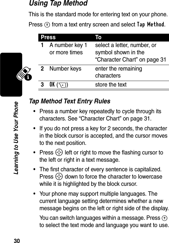 30Learning to Use Your PhoneUsing Tap MethodThis is the standard mode for entering text on your phone.Press M from a text entry screen and select Tap Method.Tap Method Text Entry Rules•Press a number key repeatedly to cycle through its characters. See “Character Chart” on page 31.•If you do not press a key for 2 seconds, the character in the block cursor is accepted, and the cursor moves to the next position.•Press S left or right to move the flashing cursor to the left or right in a text message.•The first character of every sentence is capitalized. Press S down to force the character to lowercase while it is highlighted by the block cursor.•Your phone may support multiple languages. The current language setting determines whether a new message begins on the left or right side of the display.You can switch languages within a message. Press M to select the text mode and language you want to use.Press To1A number key 1 or more timesselect a letter, number, or symbol shown in the “Character Chart” on page 312Number keys enter the remaining characters3OK(+) store the text