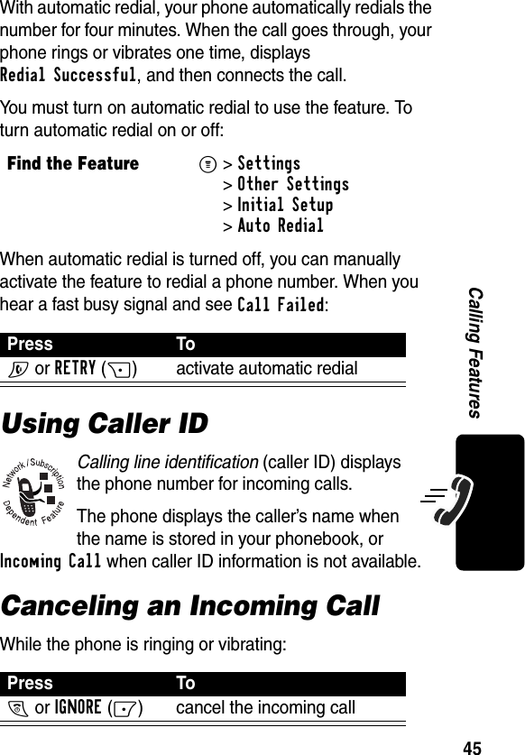 45Calling FeaturesWith automatic redial, your phone automatically redials the number for four minutes. When the call goes through, your phone rings or vibrates one time, displays Redial Successful, and then connects the call.You must turn on automatic redial to use the feature. To turn automatic redial on or off:When automatic redial is turned off, you can manually activate the feature to redial a phone number. When you hear a fast busy signal and see Call Failed:Using Caller IDCalling line identification (caller ID) displays the phone number for incoming calls.The phone displays the caller’s name when the name is stored in your phonebook, or Incoming Call when caller ID information is not available.Canceling an Incoming CallWhile the phone is ringing or vibrating:Find the FeatureM&gt;Settings &gt;Other Settings &gt;Initial Setup &gt;Auto RedialPress ToN or RETRY(+) activate automatic redialPress ToO or IGNORE(-) cancel the incoming call