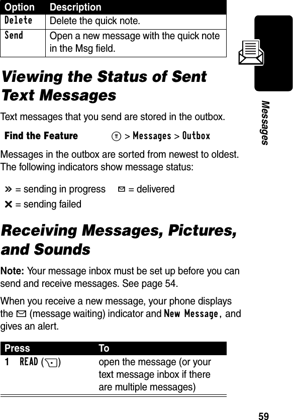 59MessagesViewing the Status of Sent Text MessagesText messages that you send are stored in the outbox.Messages in the outbox are sorted from newest to oldest. The following indicators show message status:Receiving Messages, Pictures, and SoundsNote: Your message inbox must be set up before you can send and receive messages. See page 54.When you receive a new message, your phone displays the g (message waiting) indicator and New Message, and gives an alert. Delete Delete the quick note.Send Open a new message with the quick note in the Msg field.Find the FeatureM&gt;Messages &gt;Outbox&lt; = sending in progressh = delivered&gt; = sending failedPress To1READ(+) open the message (or your text message inbox if there are multiple messages)Option Description