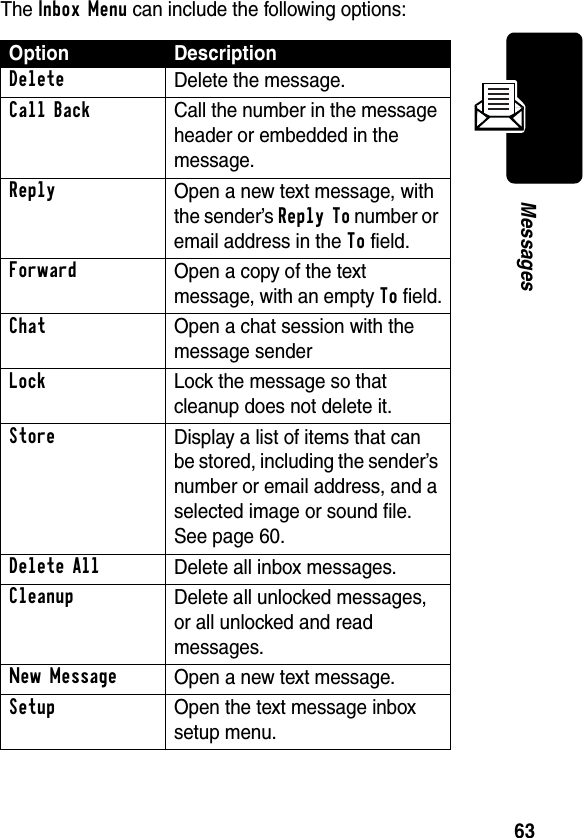 63MessagesThe Inbox Menu can include the following options:Option DescriptionDelete Delete the message. Call Back Call the number in the message header or embedded in the message.Reply Open a new text message, with the sender’s Reply To number or email address in the To field.Forward Open a copy of the text message, with an empty To field.Chat  Open a chat session with the message senderLockLock the message so that cleanup does not delete it.Store Display a list of items that can be stored, including the sender’s number or email address, and a selected image or sound file. See page 60.Delete All Delete all inbox messages.Cleanup Delete all unlocked messages, or all unlocked and read messages.New Message Open a new text message.Setup Open the text message inbox setup menu.