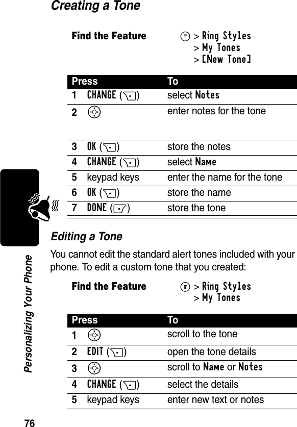 76Personalizing Your PhoneCreating a ToneEditing a ToneYou cannot edit the standard alert tones included with your phone. To edit a custom tone that you created:Find the FeatureM&gt;Ring Styles &gt;My Tones &gt;[New Tone] Press To1CHANGE(+) select Notes2S enter notes for the tone3OK(+) store the notes4CHANGE(+) select Name5keypad keys enter the name for the tone6OK(+) store the name7DONE(-) store the toneFind the FeatureM&gt;Ring Styles &gt;My TonesPress To1S scroll to the tone2EDIT(+) open the tone details3S scroll to Name or Notes4CHANGE(+) select the details5keypad keys enter new text or notes