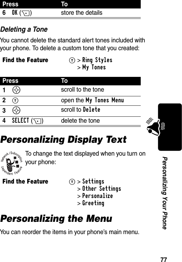 77Personalizing Your PhoneDeleting a ToneYou cannot delete the standard alert tones included with your phone. To delete a custom tone that you created:Personalizing Display TextTo change the text displayed when you turn on your phone:Personalizing the MenuYou can reorder the items in your phone’s main menu.6OK(+) store the detailsFind the FeatureM&gt;Ring Styles&gt;My TonesPress To1S scroll to the tone2M open the My Tones Menu3S scroll to Delete4SELECT(+) delete the tone Find the FeatureM&gt;Settings &gt;Other Settings &gt;Personalize &gt;GreetingPress To