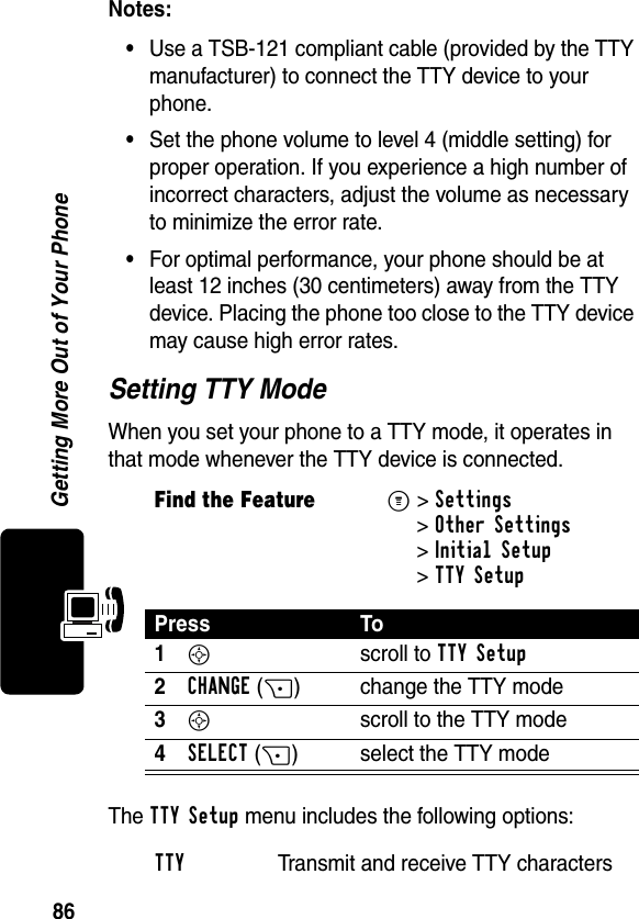 86Getting More Out of Your PhoneNotes: •Use a TSB-121 compliant cable (provided by the TTY manufacturer) to connect the TTY device to your phone.•Set the phone volume to level 4 (middle setting) for proper operation. If you experience a high number of incorrect characters, adjust the volume as necessary to minimize the error rate.•For optimal performance, your phone should be at least 12 inches (30 centimeters) away from the TTY device. Placing the phone too close to the TTY device may cause high error rates.Setting TTY ModeWhen you set your phone to a TTY mode, it operates in that mode whenever the TTY device is connected.The TTY Setup menu includes the following options:Find the FeatureM&gt;Settings &gt;Other Settings &gt;Initial Setup &gt;TTY SetupPress To1S scroll to TTY Setup2CHANGE(+) change the TTY mode3S  scroll to the TTY mode4SELECT(+) select the TTY modeTTY  Transmit and receive TTY characters