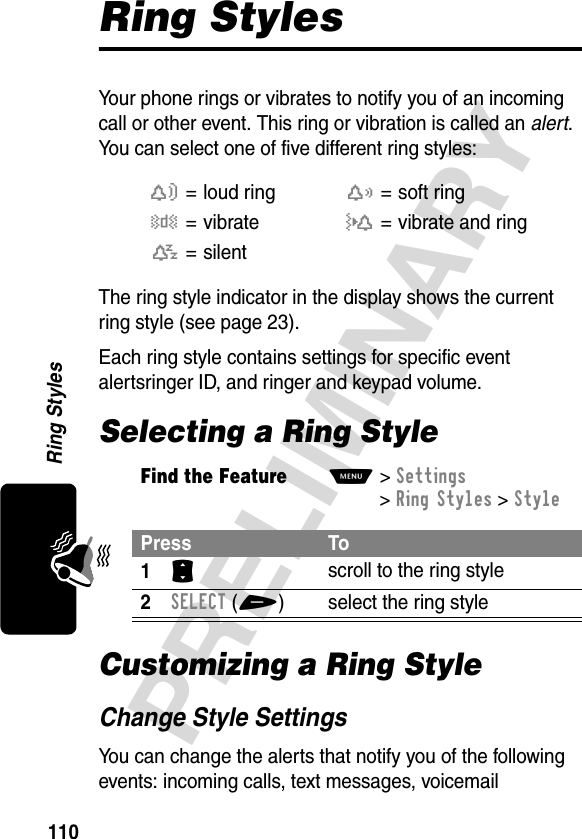 110PRELIMINARYRing StylesRing StylesYour phone rings or vibrates to notify you of an incoming call or other event. This ring or vibration is called an alert. You can select one of five different ring styles:The ring style indicator in the display shows the current ring style (see page 23).Each ring style contains settings for specific event alertsringer ID, and ringer and keypad volume.Selecting a Ring StyleCustomizing a Ring StyleChange Style SettingsYou can change the alerts that notify you of the following events: incoming calls, text messages, voicemail w= loud ringx= soft ringy=vibrateu= vibrate and ringt= silentFind the FeatureM&gt;Settings &gt;Ring Styles &gt;StylePress To1S scroll to the ring style2SELECT(+) select the ring style