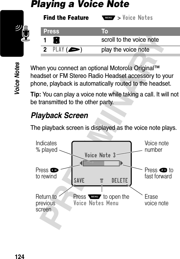 124PRELIMINARYVoice NotesPlaying a Voice NoteWhen you connect an optional Motorola Original™ headset or FM Stereo Radio Headset accessory to your phone, playback is automatically routed to the headset.Tip: You can play a voice note while taking a call. It will not be transmitted to the other party.Playback ScreenThe playback screen is displayed as the voice note plays.Find the FeatureM&gt;Voice NotesPress To1S scroll to the voice note2PLAY(+) play the voice noteErasevoice noteReturn toprevious screenVoice notenumberPress # tofast forwardPress *to rewindVoice Note 3{}SAVE DELETEIndicates% playedPress M to open theVoice Notes MenuM 