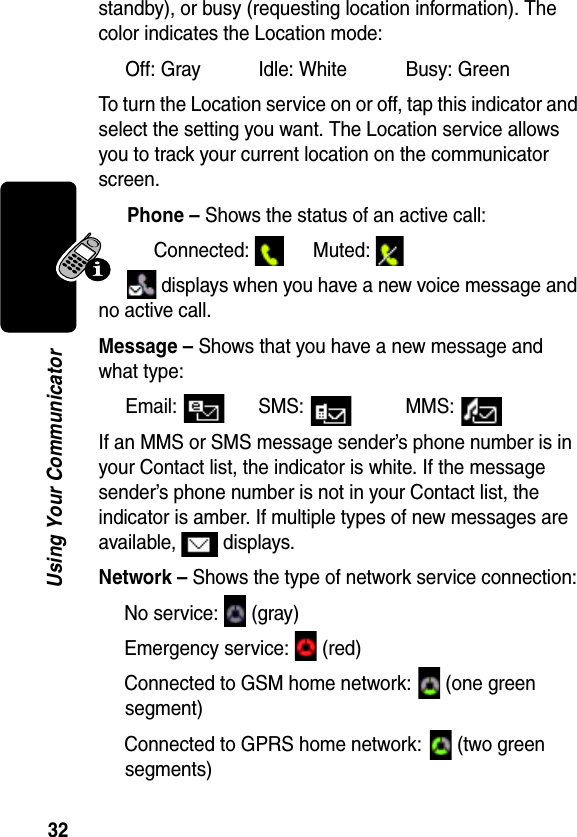 32Using Your Communicatorstandby), or busy (requesting location information). The color indicates the Location mode:Off: Gray Idle: White Busy: GreenTo turn the Location service on or off, tap this indicator and select the setting you want. The Location service allows you to track your current location on the communicator screen.Phone – Shows the status of an active call: Connected: Muted:  displays when you have a new voice message and no active call.Message – Shows that you have a new message and what type:Email: SMS:  MMS: If an MMS or SMS message sender’s phone number is in your Contact list, the indicator is white. If the message sender’s phone number is not in your Contact list, the indicator is amber. If multiple types of new messages are available,  displays.Network – Shows the type of network service connection: No service:   (gray)Emergency service:   (red)Connected to GSM home network:   (one green segment)Connected to GPRS home network:   (two green segments)