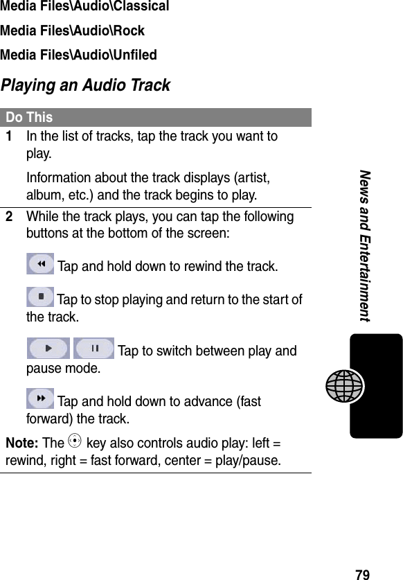 79News and EntertainmentMedia Files\Audio\ClassicalMedia Files\Audio\RockMedia Files\Audio\UnfiledPlaying an Audio TrackDo This1In the list of tracks, tap the track you want to play.Information about the track displays (artist, album, etc.) and the track begins to play.2While the track plays, you can tap the following buttons at the bottom of the screen: Tap and hold down to rewind the track. Tap to stop playing and return to the start of the track. Tap to switch between play and pause mode. Tap and hold down to advance (fast forward) the track.Note: The C key also controls audio play: left = rewind, right = fast forward, center = play/pause.