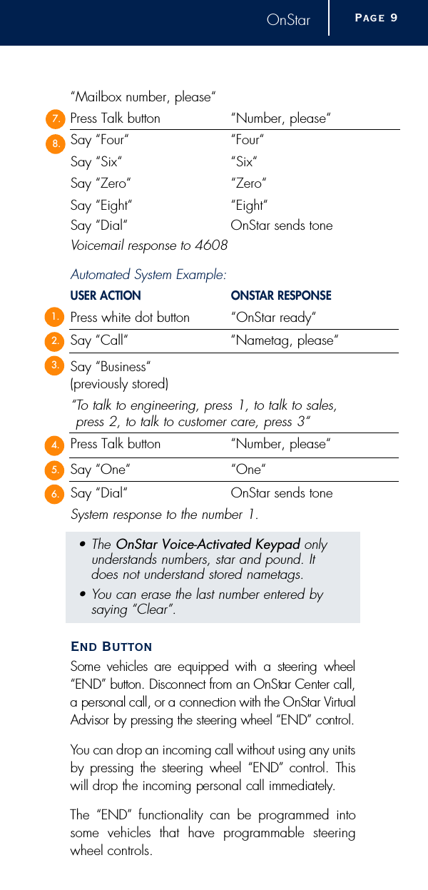 OnStar“Mailbox number, please“Press Talk button “Number, please“Say “Four“ “Four“Say “Six“ “Six“Say “Zero“ “Zero“Say “Eight“ “Eight“Say “Dial“ OnStar sends toneVoicemail response to 4608Automated System Example:USER ACTION O N S TAR RESPONSEPress white dot button “OnStar ready“Say “Call“ “Nametag, please“Say “Business“(previously stored)“To talk to engineering, press 1, to talk to sales,press 2, to talk to customer care, press 3“Press Talk button “Number, please“Say “One“ “One“Say “Dial“ OnStar sends toneSystem response to the number 1.• The OnStar Voice-Activated Keypad only understands numbers, star and pound. It does not understand stored nametags.• You can erase the last number entered by saying “Clear”.End ButtonSome  vehicles  are equipped  with  a  steering  wheel“END” button. Disconnect from an OnStar Center call,a personal call, or a connection with the OnStar Vi rt u a lAdvisor by pressing the steering wheel “END” contro l .You can drop an incoming call without using any unitsby  pressing  the  steering wheel  “ E N D ” c o n t rol. Thiswill drop the incoming personal call immediately.The “ E N D ” functionality can be programmed intosome vehicles that have programmable steeringwheel controls.Page  97.8.1.2.3.4.5.6.