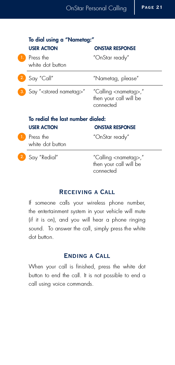 OnStar Personal CallingTo dial using a “Nametag:”USER ACTION O N S TAR RESPONSEP ress the  “OnStar re a d y “white dot buttonSay “Call” “Nametag, please“Say “&lt;stored nametag&gt;“ “Calling &lt;nametag&gt;,“then your call will be connectedTo redial the last number dialed:USER ACTION O N S TAR RESPONSEP ress the  “OnStar re a d y “white dot buttonSay “Redial” “Calling &lt;nametag&gt;,“then your call will be connectedReceiving a CallIf  someone  calls  your  wireless  phone  number, the entertainment system in your vehicle will mute(if  it  is  on),  and  you  will  hear  a  phone  ringingsound.  To answer the call, simply press the whitedot button.Ending a CallWhen  your  call  is  finished,  press  the  white  dot button to end the call. It is not possible to end acall using voice commands.Page 2 11.2.1.2.3.