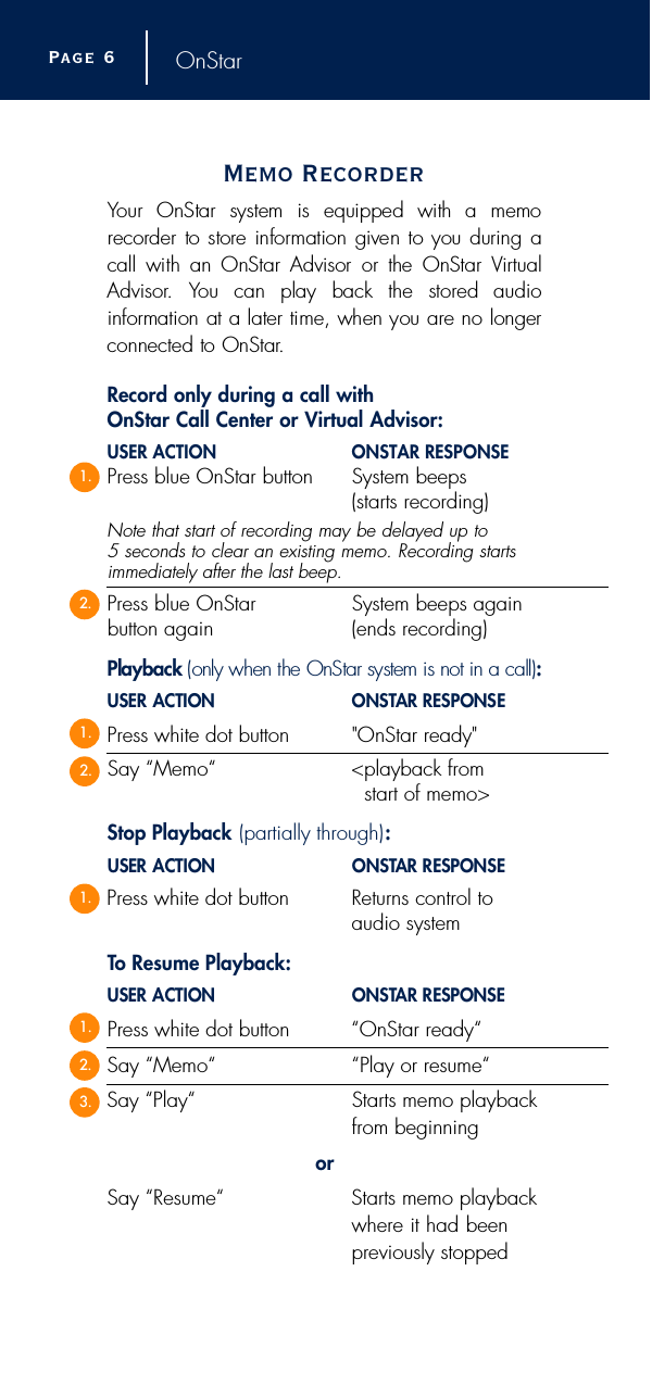 OnStarMemo RecorderYour  OnStar  system  is  equipped  with  a  memore c o r der to store information given to you during acall  with  an  OnStar  Advisor  or  the  OnStar  Vi rt u a lA d v i s o r.  You  can  play  back  the  stored  audio i n f o rmation at a later time, when you are no longerconnected to OnStar. Record only during a call with OnStar Call Center or Virtual Advisor: USER ACTION ONSTAR RESPONSEPress blue OnStar button System beeps (starts recording)Note that start of recording may be delayed up to 5 seconds to clear an existing memo. Recording startsimmediately after the last beep.Press blue OnStar  System beeps again button again (ends recording)Playback (only when the OnStar system is not in a call): USER ACTION O N S TAR RESPONSEPress white dot button &quot;OnStar ready&quot;Say “Memo“ &lt;playback fromstart of memo&gt;Stop Playback (partially through):USER ACTION O N S TAR RESPONSEPress white dot button Returns control toaudio systemTo Resume Playback:USER ACTION O N S TAR RESPONSEPress white dot button “OnStar ready“Say “Memo“ “Play or resume“Say “Play“ Starts memo playbackfrom beginningorSay “Resume“ Starts memo playbackwhere it had been previously stoppedPage  61.2.1.1.2.1.2.3.