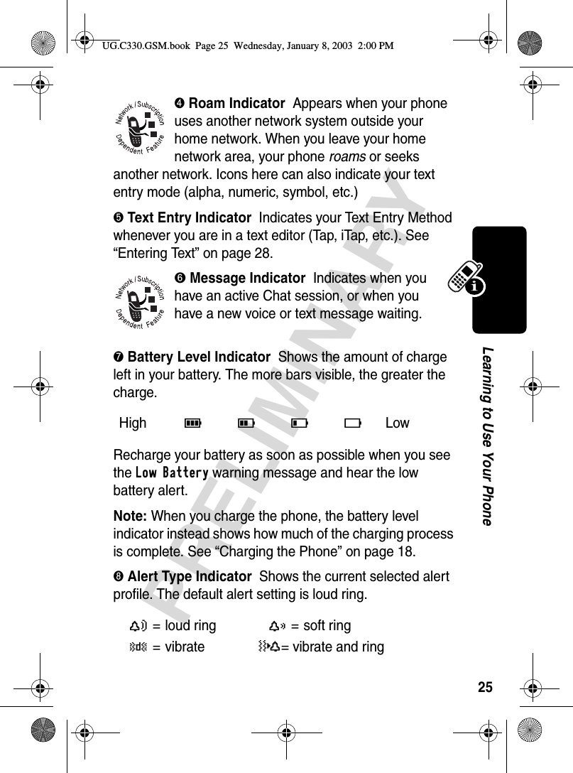 25PRELIMINARYLearning to Use Your Phone➍ Roam Indicator  Appears when your phone uses another network system outside your home network. When you leave your home network area, your phone roams or seeks another network. Icons here can also indicate your text entry mode (alpha, numeric, symbol, etc.)➎ Text Entry Indicator  Indicates your Text Entry Method whenever you are in a text editor (Tap, iTap, etc.). See “Entering Text” on page 28.➏ Message Indicator  Indicates when you have an active Chat session, or when you have a new voice or text message waiting.➐ Battery Level Indicator  Shows the amount of charge left in your battery. The more bars visible, the greater the charge.Recharge your battery as soon as possible when you see the Low Battery warning message and hear the low battery alert.Note: When you charge the phone, the battery level indicator instead shows how much of the charging process is complete. See “Charging the Phone” on page 18.➑ Alert Type Indicator  Shows the current selected alert profile. The default alert setting is loud ring.High 9 8 7 6 Low Y= loud ringX=soft ringW=vibrate_= vibrate and ring UG.C330.GSM.book  Page 25  Wednesday, January 8, 2003  2:00 PM
