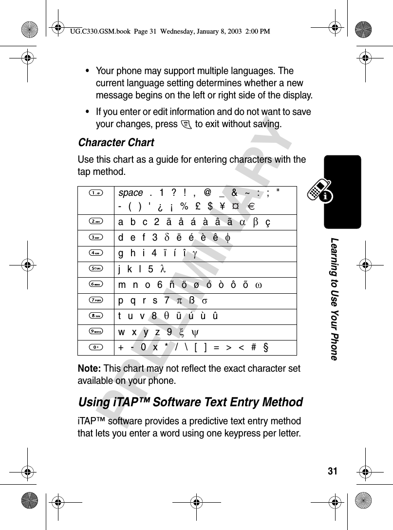 31PRELIMINARYLearning to Use Your Phone•Your phone may support multiple languages. The current language setting determines whether a new message begins on the left or right side of the display.•If you enter or edit information and do not want to save your changes, press O to exit without saving.Character ChartUse this chart as a guide for entering characters with the tap method.Note: This chart may not reflect the exact character set available on your phone.Using iTAP™ Software Text Entry MethodiTAP™ software provides a predictive text entry method that lets you enter a word using one keypress per letter.1 space . 1 ? ! , @ _ &amp; ~ : ; &quot;- ( ) &apos; ¿ ¡ % £ $ ¥   2 a b c 2 ä å á à â ã α β ç3 d e f 3 δ ë é è ê φ4 g h i 4 ï í î γ5 j k l 5 λ6 m n o 6 ñ ö ø ó ò ô õ ω7 p q r s 7 π ß σ8 t u v 8 θ ü ú ù û9 w x y z 9 ξ  ψ0  + - 0 x * / \ [ ] = &gt; &lt; # §UG.C330.GSM.book  Page 31  Wednesday, January 8, 2003  2:00 PM