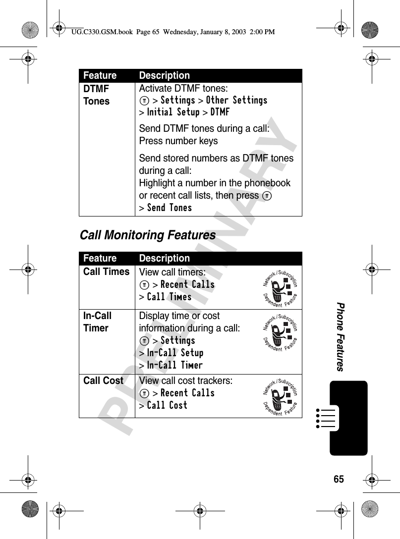 65PRELIMINARYPhone FeaturesCall Monitoring FeaturesDTMF Tones Activate DTMF tones:M &gt;Settings &gt;Other Settings &gt;Initial Setup &gt;DTMFSend DTMF tones during a call:Press number keysSend stored numbers as DTMF tones during a call:Highlight a number in the phonebook or recent call lists, then press M &gt;Send TonesFeature DescriptionCall TimesView call timers:M &gt;Recent Calls &gt;Call TimesIn-Call TimerDisplay time or cost information during a call:M &gt;Settings &gt;In-Call Setup &gt;In-Call TimerCall CostView call cost trackers:M &gt;Recent Calls &gt;Call CostFeature DescriptionUG.C330.GSM.book  Page 65  Wednesday, January 8, 2003  2:00 PM