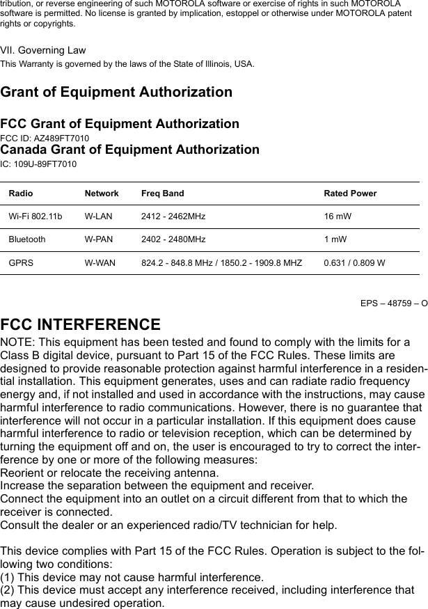 tribution, or reverse engineering of such MOTOROLA software or exercise of rights in such MOTOROLA software is permitted. No license is granted by implication, estoppel or otherwise under MOTOROLA patent rights or copyrights.VII. Governing LawThis Warranty is governed by the laws of the State of Illinois, USA.Grant of Equipment AuthorizationFCC Grant of Equipment AuthorizationFCC ID: AZ489FT7010 Canada Grant of Equipment AuthorizationIC: 109U-89FT7010EPS – 48759 – OFCC INTERFERENCENOTE: This equipment has been tested and found to comply with the limits for a Class B digital device, pursuant to Part 15 of the FCC Rules. These limits are designed to provide reasonable protection against harmful interference in a residen-tial installation. This equipment generates, uses and can radiate radio frequency energy and, if not installed and used in accordance with the instructions, may cause harmful interference to radio communications. However, there is no guarantee that interference will not occur in a particular installation. If this equipment does cause harmful interference to radio or television reception, which can be determined by turning the equipment off and on, the user is encouraged to try to correct the inter-ference by one or more of the following measures:Reorient or relocate the receiving antenna.Increase the separation between the equipment and receiver.Connect the equipment into an outlet on a circuit different from that to which the receiver is connected.Consult the dealer or an experienced radio/TV technician for help.This device complies with Part 15 of the FCC Rules. Operation is subject to the fol-lowing two conditions:(1) This device may not cause harmful interference.(2) This device must accept any interference received, including interference that may cause undesired operation.Radio Network Freq Band Rated PowerWi-Fi 802.11b W-LAN  2412 - 2462MHz 16 mWBluetooth W-PAN 2402 - 2480MHz 1 mWGPRS W-WAN 824.2 - 848.8 MHz / 1850.2 - 1909.8 MHZ 0.631 / 0.809 W