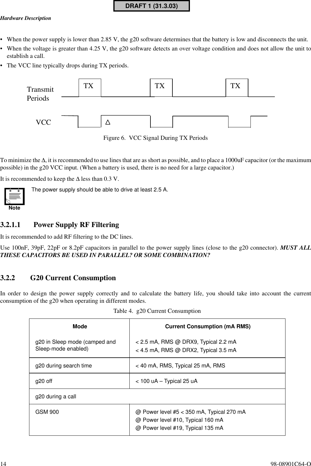 Hardware Description14  98-08901C64-O•When the power supply is lower than 2.85 V, the g20 software determines that the battery is low and disconnects the unit.•When the voltage is greater than 4.25 V, the g20 software detects an over voltage condition and does not allow the unit toestablish a call.•The VCC line typically drops during TX periods.Figure 6. VCC Signal During TX PeriodsTo minimize the ∆, it is recommended to use lines that are as short as possible, and to place a 1000uF capacitor (or the maximumpossible) in the g20 VCC input. (When a battery is used, there is no need for a large capacitor.)It is recommended to keep the ∆ less than 0.3 V.3.2.1.1 Power Supply RF FilteringIt is recommended to add RF filtering to the DC lines.Use 100nF, 39pF, 22pF or 8.2pF capacitors in parallel to the power supply lines (close to the g20 connector). MUST ALLTHESE CAPACITORS BE USED IN PARALLEL? OR SOME COMBINATION?3.2.2 G20 Current Consumption In order to design the power supply correctly and to calculate the battery life, you should take into account the currentconsumption of the g20 when operating in different modes.NoteThe power supply should be able to drive at least 2.5 A.Table 4. g20 Current ConsumptionMode  Current Consumption (mA RMS)g20 in Sleep mode (camped and Sleep-mode enabled) &lt; 2.5 mA, RMS @ DRX9, Typical 2.2 mA&lt; 4.5 mA, RMS @ DRX2, Typical 3.5 mAg20 during search time &lt; 40 mA, RMS, Typical 25 mA, RMSg20 off &lt; 100 uA – Typical 25 uAg20 during a callGSM 900 @ Power level #5 &lt; 350 mA, Typical 270 mA@ Power level #10, Typical 160 mA@ Power level #19, Typical 135 mATX TX TXTransmit PeriodsVCCDRAFT 1 (31.3.03)