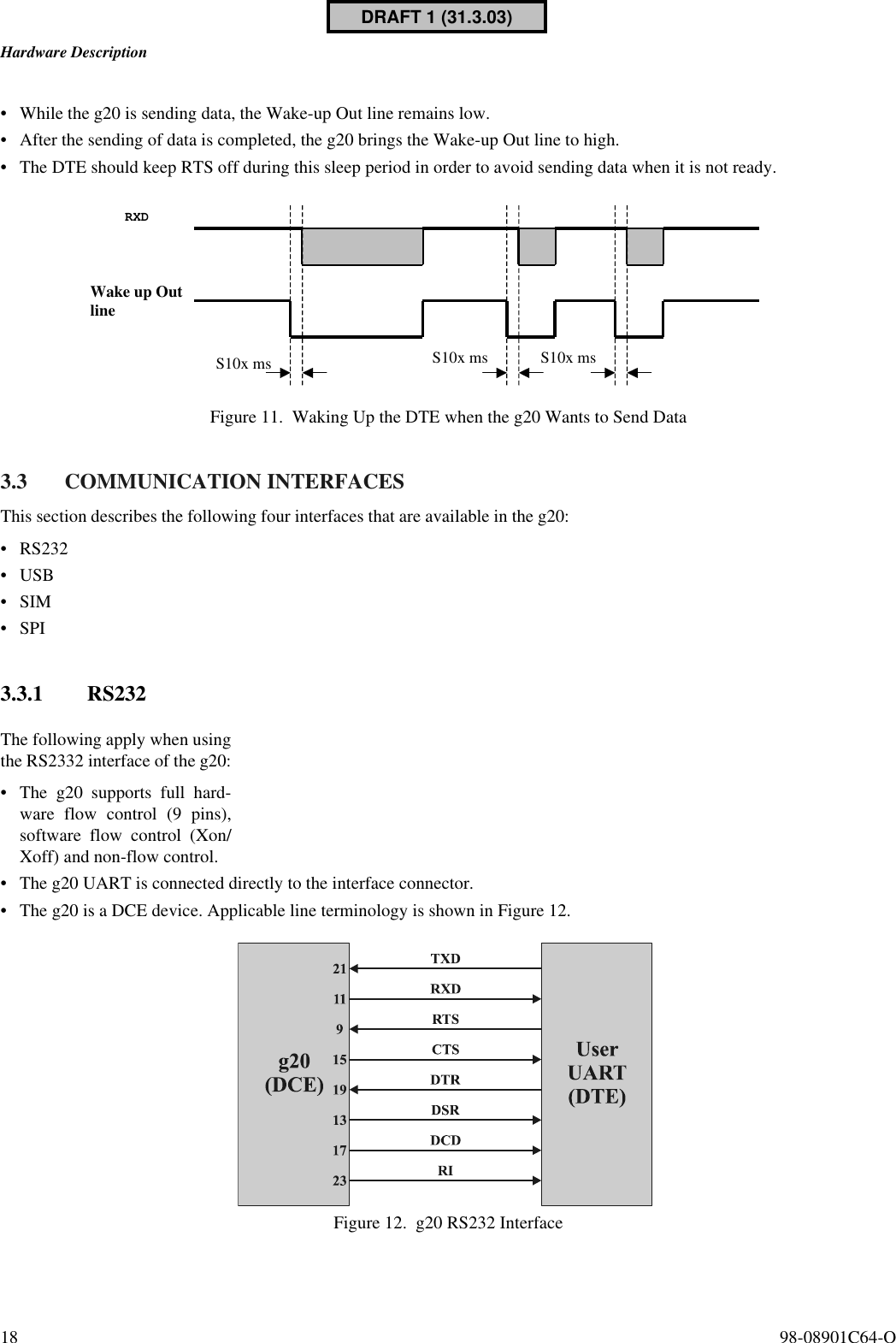 Hardware Description18  98-08901C64-O•While the g20 is sending data, the Wake-up Out line remains low. •After the sending of data is completed, the g20 brings the Wake-up Out line to high.•The DTE should keep RTS off during this sleep period in order to avoid sending data when it is not ready.Figure 11. Waking Up the DTE when the g20 Wants to Send Data3.3 COMMUNICATION INTERFACESThis section describes the following four interfaces that are available in the g20:•RS232•USB•SIM•SPI3.3.1 RS232The following apply when usingthe RS2332 interface of the g20:•The g20 supports full hard-ware flow control (9 pins),software flow control (Xon/Xoff) and non-flow control.•The g20 UART is connected directly to the interface connector.•The g20 is a DCE device. Applicable line terminology is shown in Figure 12.Figure 12. g20 RS232 InterfaceRXDWake up Out lineS10x ms S10x ms S10x msDRAFT 1 (31.3.03)