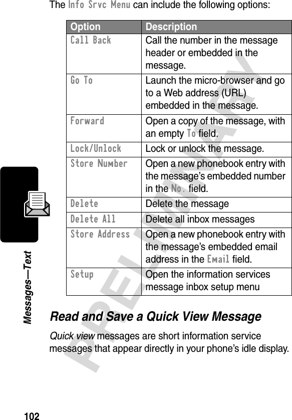 102PRELIMINARYMessages—TextThe Info Srvc Menu can include the following options:Read and Save a Quick View MessageQuick view messages are short information service messages that appear directly in your phone’s idle display. Option DescriptionCall Back  Call the number in the message header or embedded in the message.Go To  Launch the micro-browser and go to a Web address (URL) embedded in the message.Forward  Open a copy of the message, with an empty To field.Lock/Unlock  Lock or unlock the message.Store Number  Open a new phonebook entry with the message’s embedded number in the No. field.Delete Delete the messageDelete All Delete all inbox messagesStore Address  Open a new phonebook entry with the message’s embedded email address in the Email field.Setup Open the information services message inbox setup menu