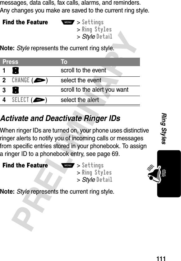 111PRELIMINARYRing Stylesmessages, data calls, fax calls, alarms, and reminders. Any changes you make are saved to the current ring style.Note: Style represents the current ring style.Activate and Deactivate Ringer IDsWhen ringer IDs are turned on, your phone uses distinctive ringer alerts to notify you of incoming calls or messages from specific entries stored in your phonebook. To assign a ringer ID to a phonebook entry, see page 69.Note: Style represents the current ring style.Find the FeatureM&gt;Settings &gt;Ring Styles &gt;StyleDetailPress To1S scroll to the event2CHANGE(+) select the event3S scroll to the alert you want4SELECT(+) select the alertFind the FeatureM&gt;Settings &gt;Ring Styles &gt;StyleDetail